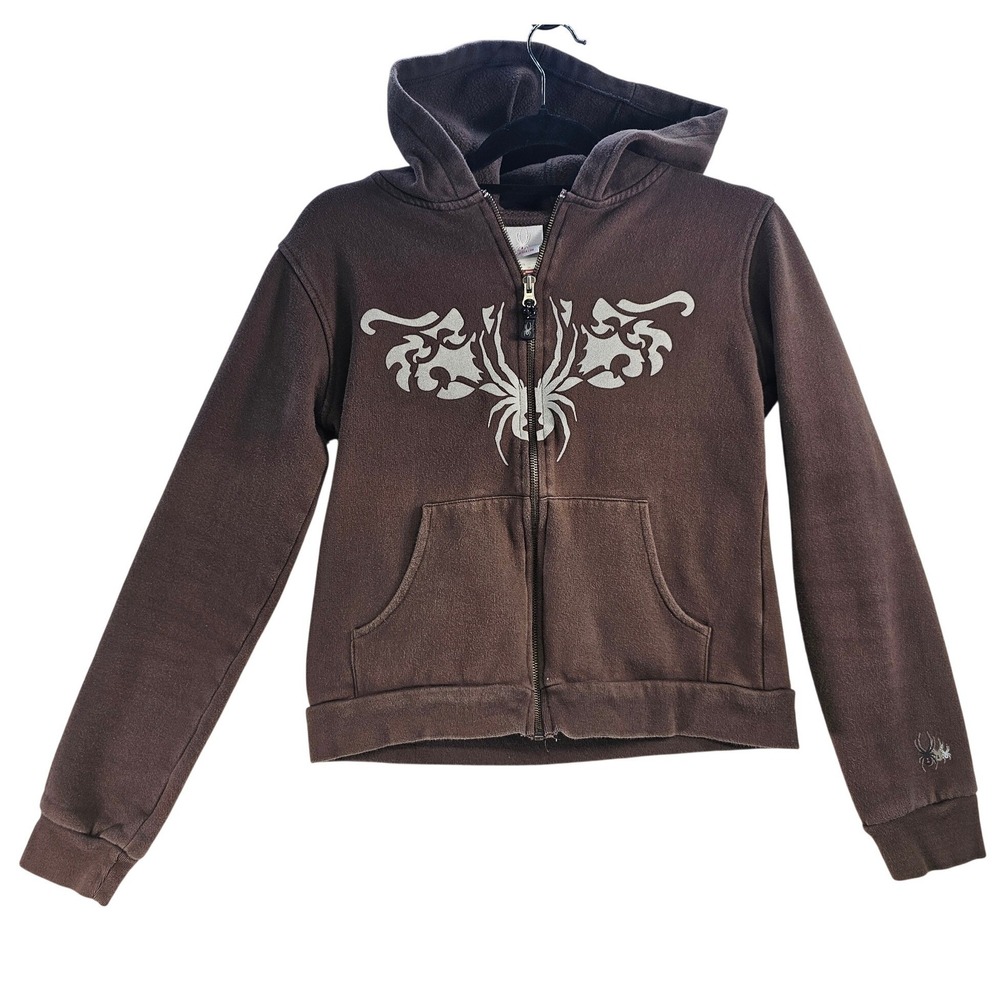 Spyder Womens Brown Zip Up Hoodie Graphic Spider Tribal Tattoo Size‎ S Y2K